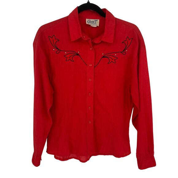 Circle T by Marilyn Lenox Vintage Red Button-Up Top Beading Embroidery S - Picture 1 of 8